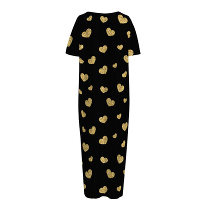 Gold And Black Heart Pattern Print Short Sleeve Long Nightdress