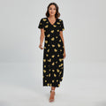 Gold And Black Heart Pattern Print Short Sleeve Maxi Dress