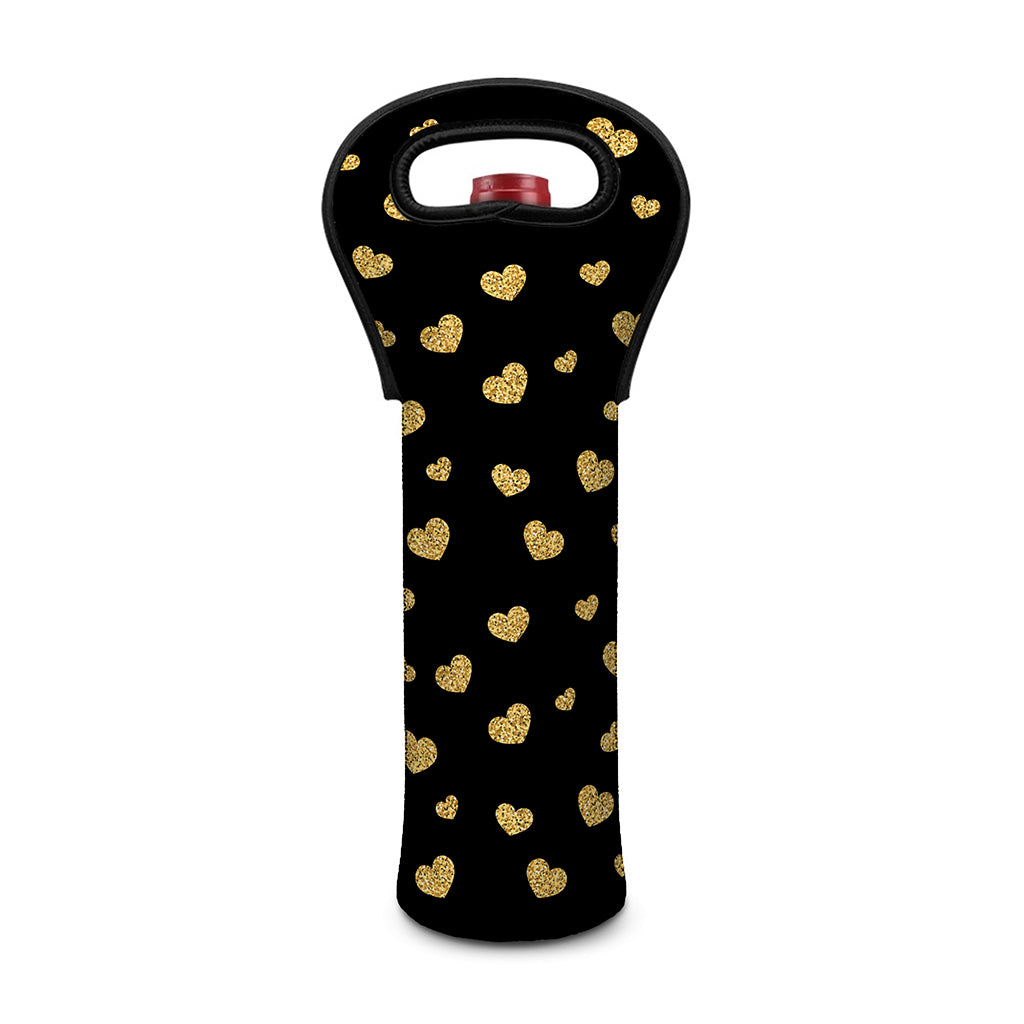 Gold And Black Heart Pattern Print Single Neoprene Wine Tote