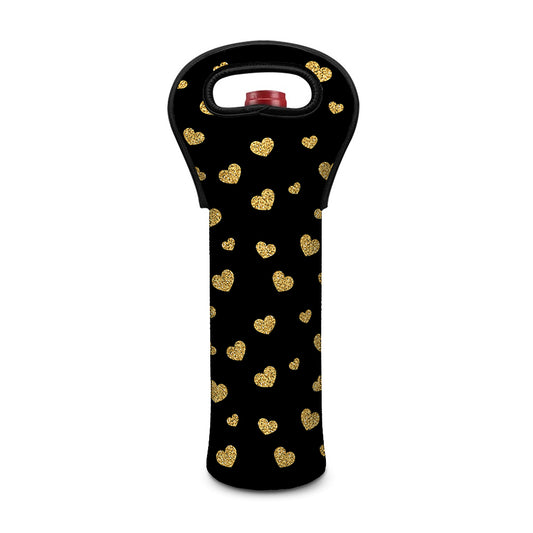 Gold And Black Heart Pattern Print Single Neoprene Wine Tote