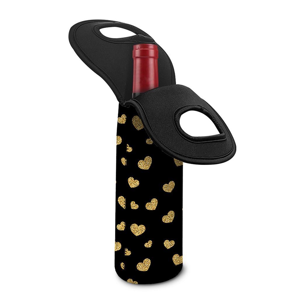 Gold And Black Heart Pattern Print Single Neoprene Wine Tote