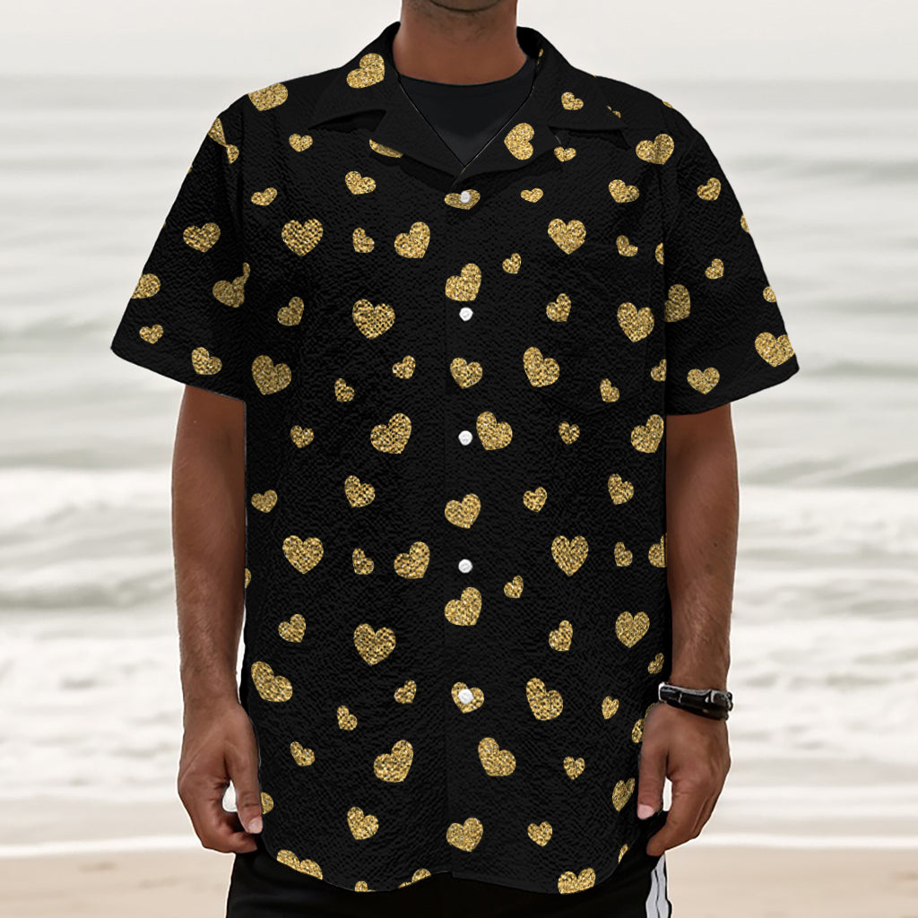 Gold And Black Heart Pattern Print Textured Short Sleeve Shirt