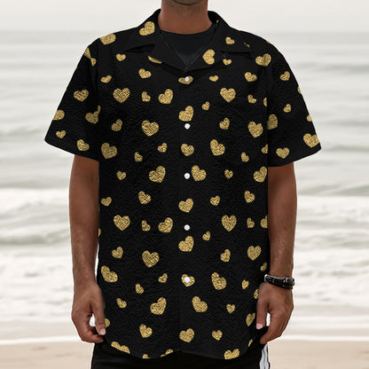 Gold And Black Heart Pattern Print Textured Short Sleeve Shirt