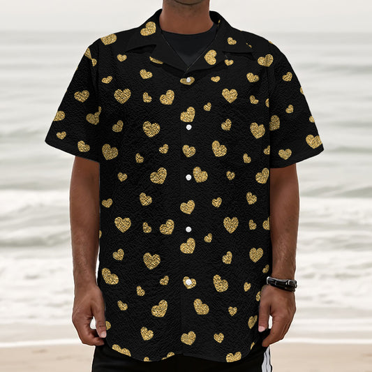 Gold And Black Heart Pattern Print Textured Short Sleeve Shirt