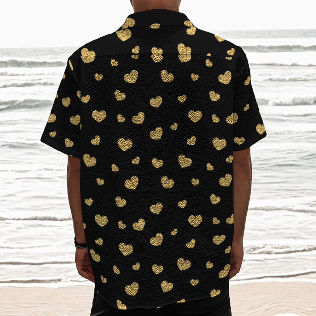 Gold And Black Heart Pattern Print Textured Short Sleeve Shirt
