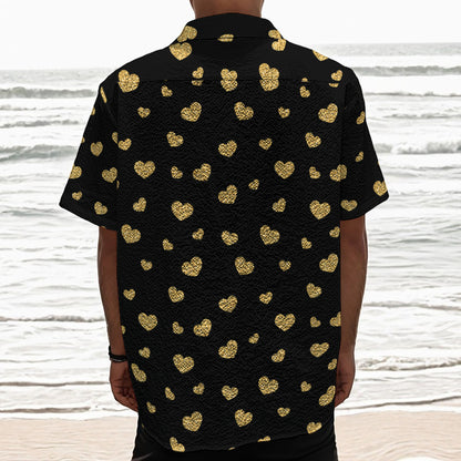 Gold And Black Heart Pattern Print Textured Short Sleeve Shirt