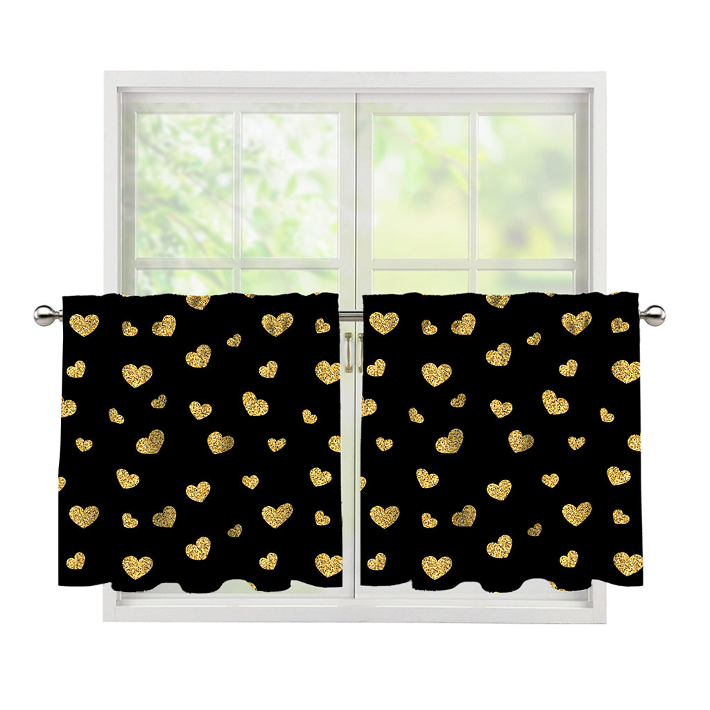 Gold And Black Heart Pattern Print Tier Curtains