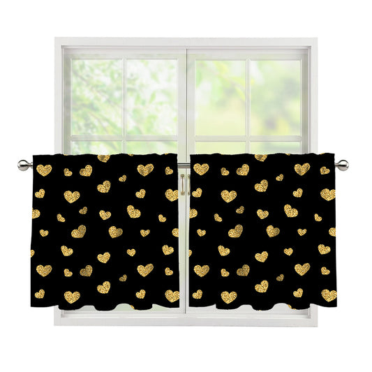 Gold And Black Heart Pattern Print Tier Curtains