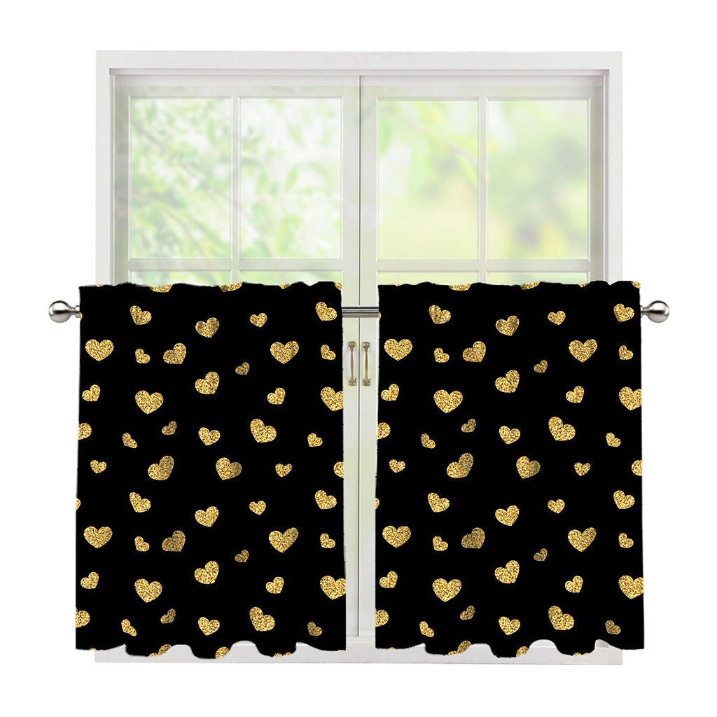 Gold And Black Heart Pattern Print Tier Curtains