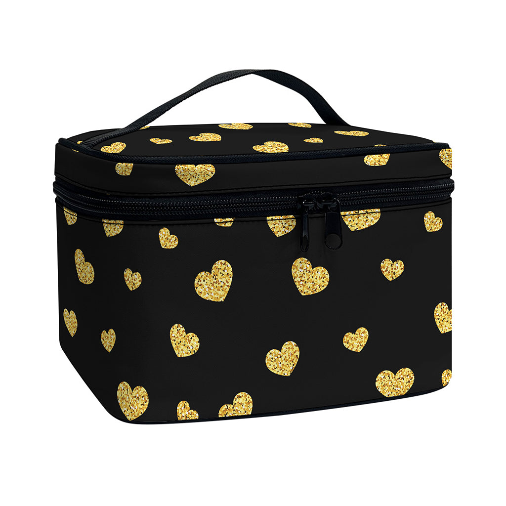 Gold And Black Heart Pattern Print Travel Makeup Bag