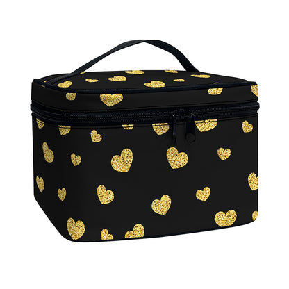 Gold And Black Heart Pattern Print Travel Makeup Bag