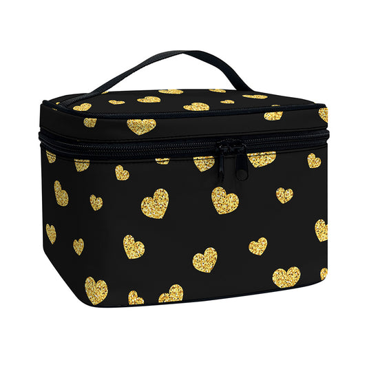Gold And Black Heart Pattern Print Travel Makeup Bag