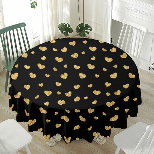 Gold And Black Heart Pattern Print Waterproof Round Tablecloth