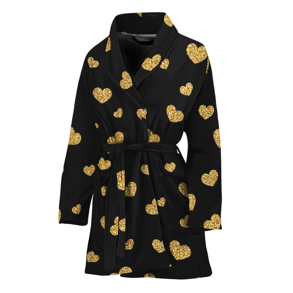 Gold And Black Heart Pattern Print Women's Bathrobe