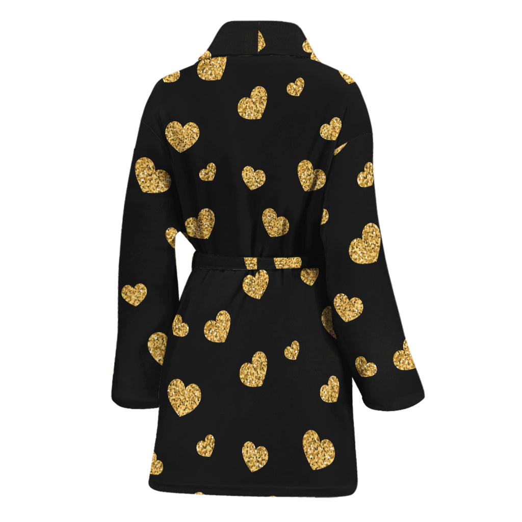 Gold And Black Heart Pattern Print Women's Bathrobe