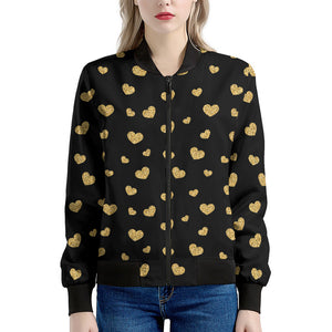 Gold And Black Heart Pattern Print Women's Bomber Jacket