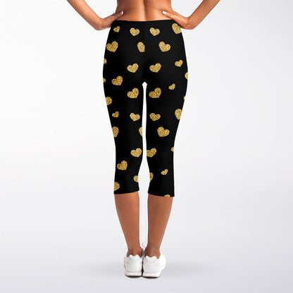Gold And Black Heart Pattern Print Women's Capri Leggings