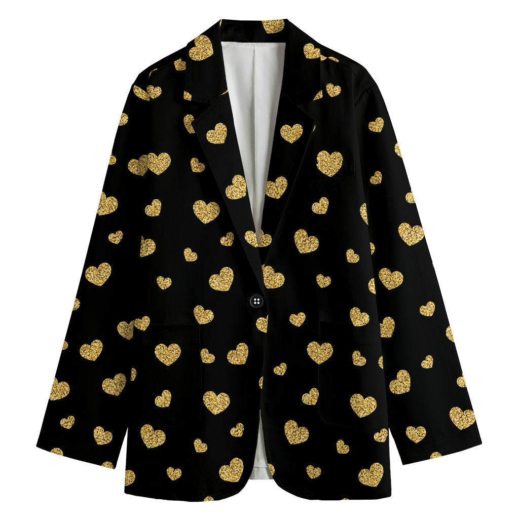 Gold And Black Heart Pattern Print Women's Cotton Blazer
