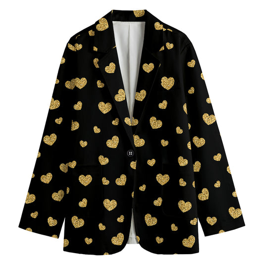 Gold And Black Heart Pattern Print Women's Cotton Blazer