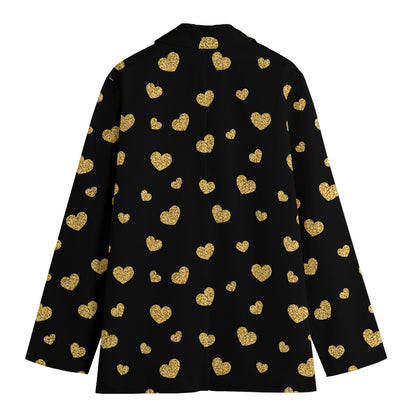 Gold And Black Heart Pattern Print Women's Cotton Blazer