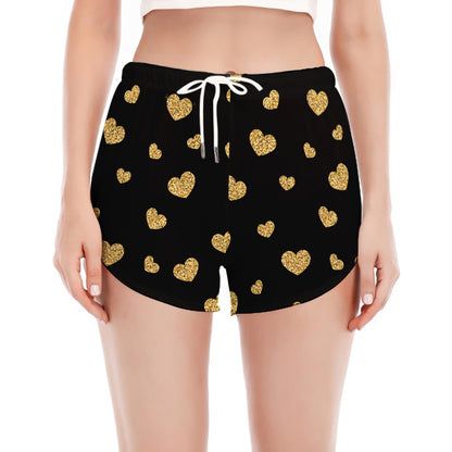 Gold And Black Heart Pattern Print Women's Split Running Shorts