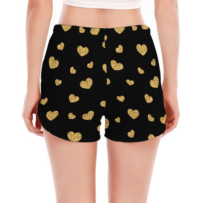 Gold And Black Heart Pattern Print Women's Split Running Shorts
