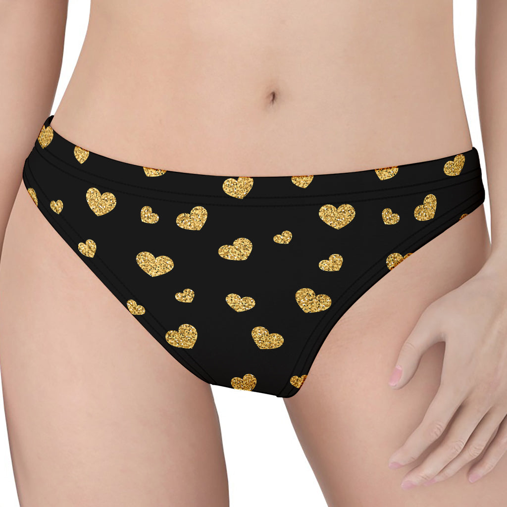 Gold And Black Heart Pattern Print Women's Thong