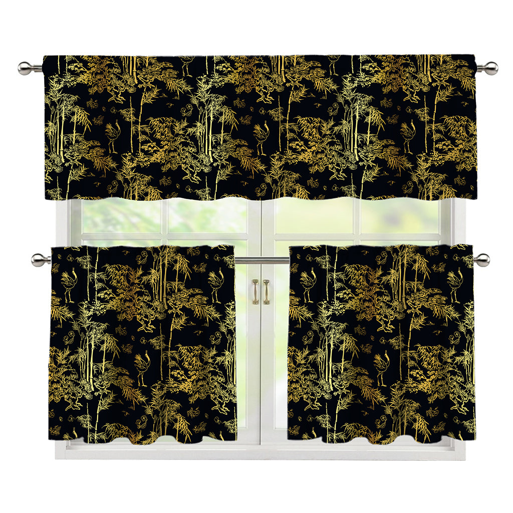 Gold And Black Japanese Bamboo Print 3 Piece Kitchen Curtains