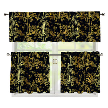 Gold And Black Japanese Bamboo Print 3 Piece Kitchen Curtains