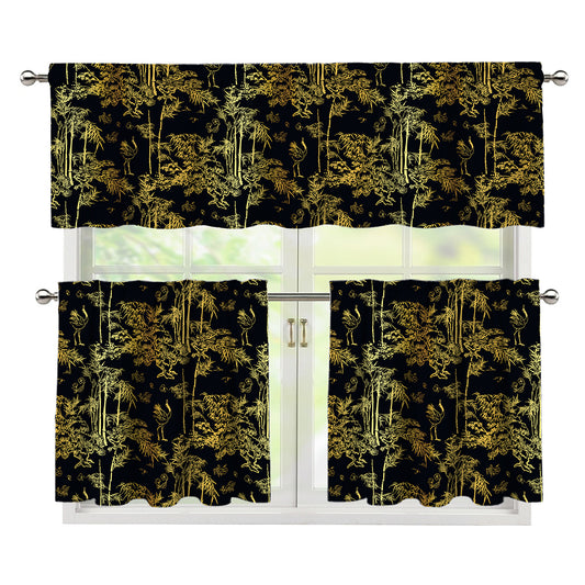 Gold And Black Japanese Bamboo Print 3 Piece Kitchen Curtains