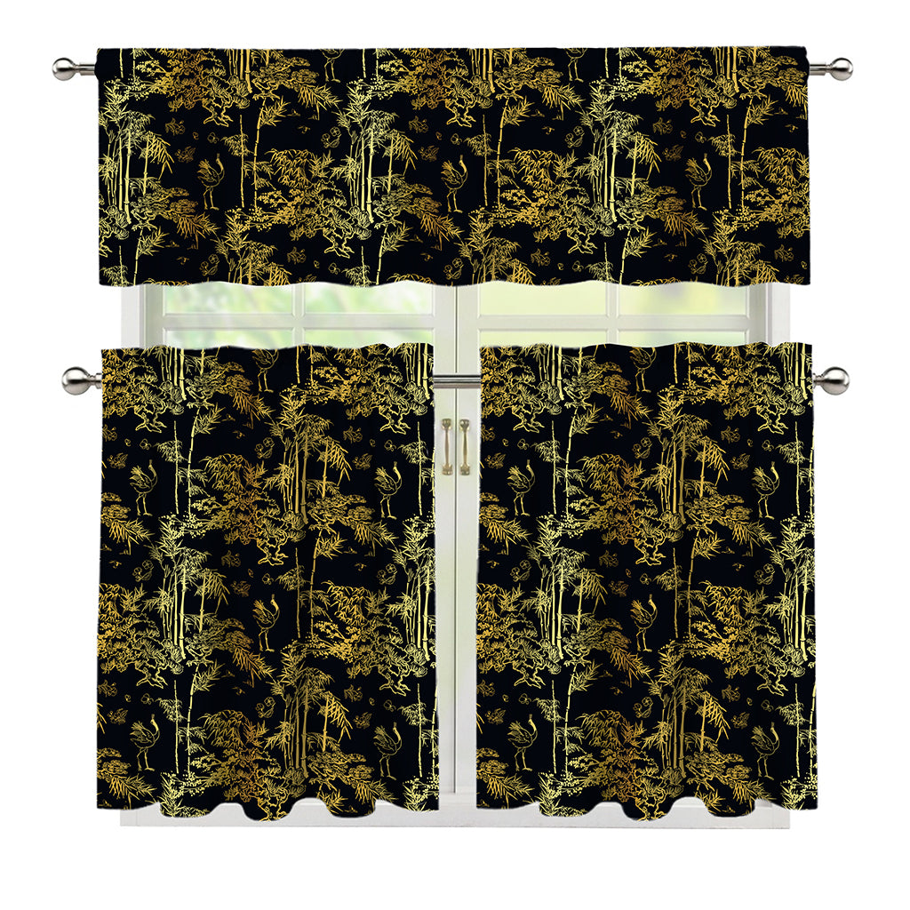 Gold And Black Japanese Bamboo Print 3 Piece Kitchen Curtains