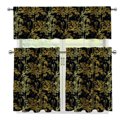 Gold And Black Japanese Bamboo Print 3 Piece Kitchen Curtains