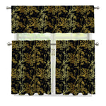 Gold And Black Japanese Bamboo Print 3 Piece Kitchen Curtains