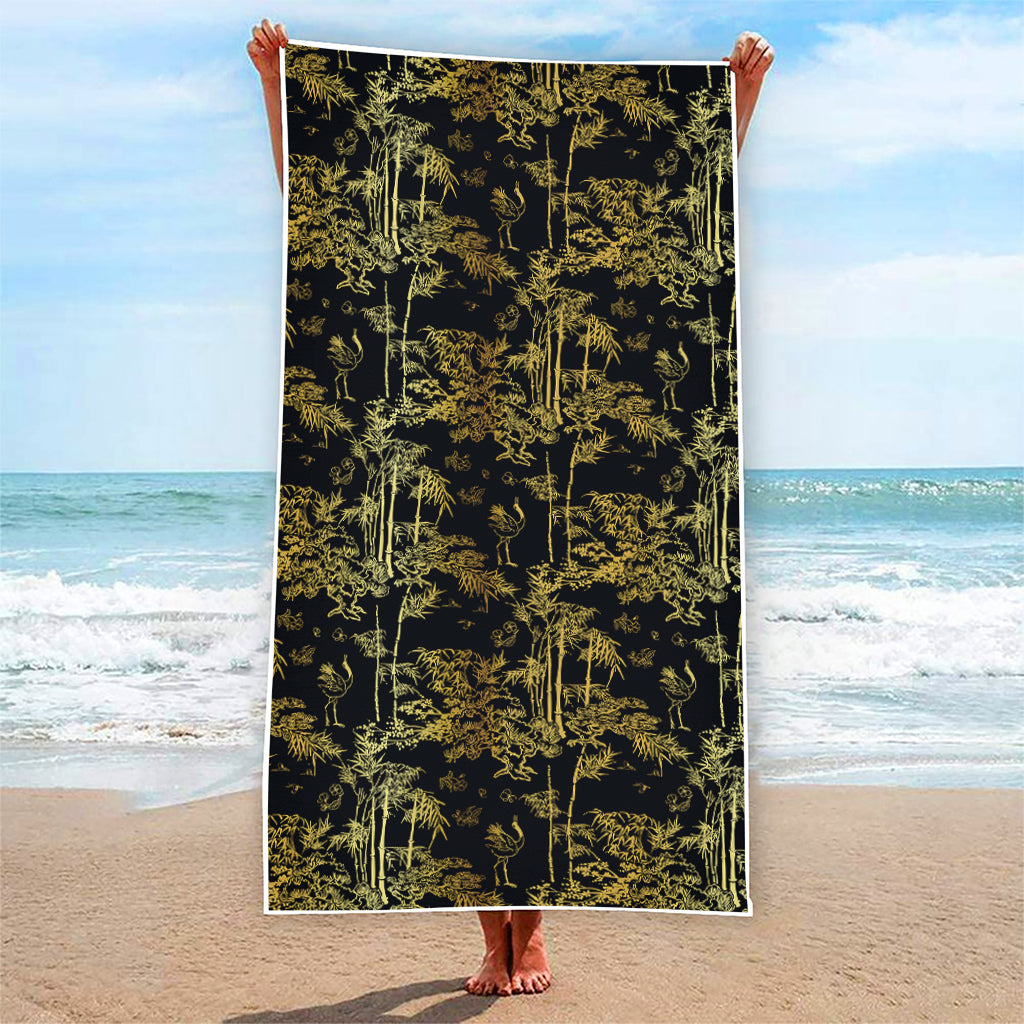 Gold And Black Japanese Bamboo Print Beach Towel