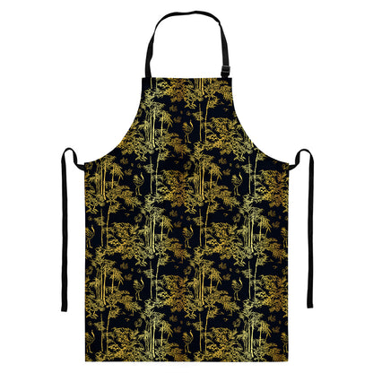 Gold And Black Japanese Bamboo Print Bib Apron With Pocket