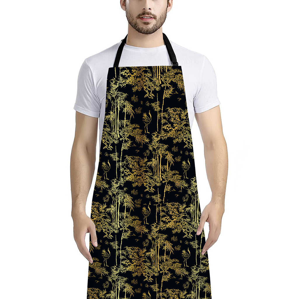 Gold And Black Japanese Bamboo Print Bib Apron With Pocket