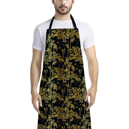Gold And Black Japanese Bamboo Print Bib Apron With Pocket