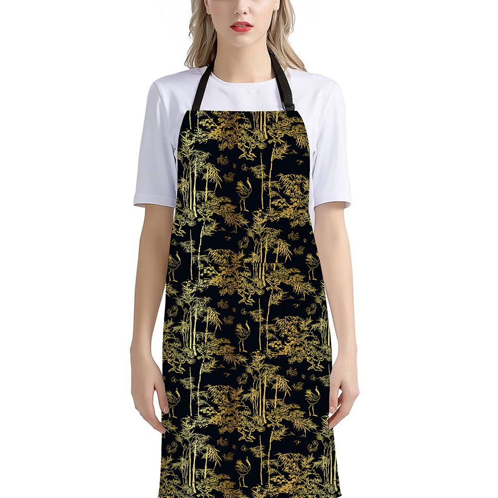 Gold And Black Japanese Bamboo Print Bib Apron With Pocket