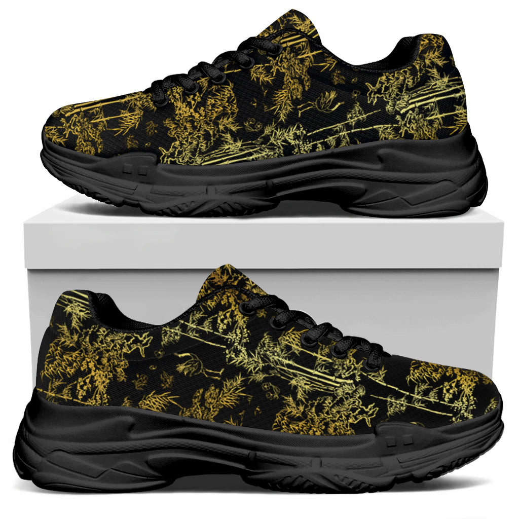 Gold And Black Japanese Bamboo Print Black Chunky Shoes