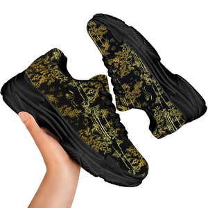 Gold And Black Japanese Bamboo Print Black Chunky Shoes