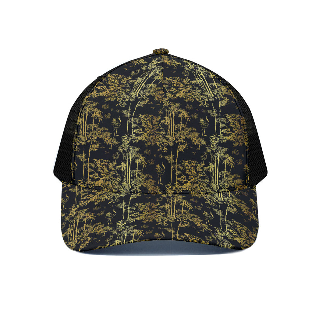 Gold And Black Japanese Bamboo Print Black Mesh Trucker Cap