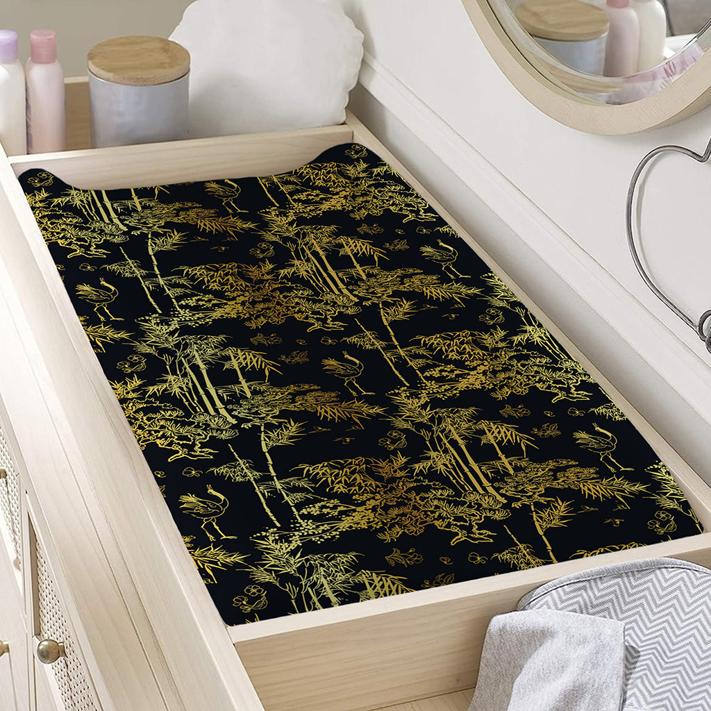 Gold And Black Japanese Bamboo Print Changing Pad Cover
