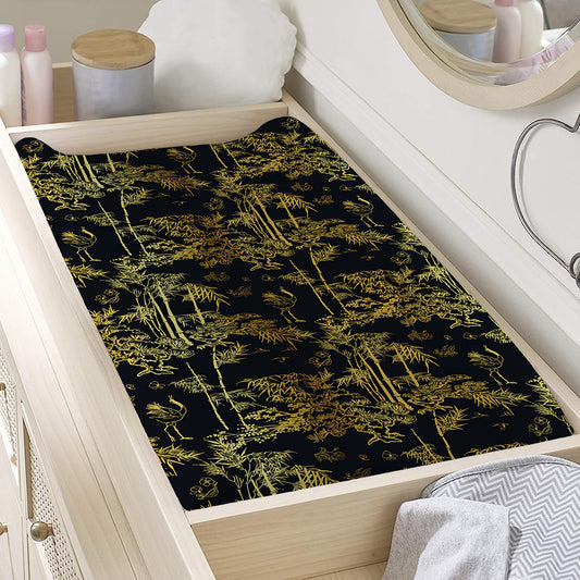 Gold And Black Japanese Bamboo Print Changing Pad Cover