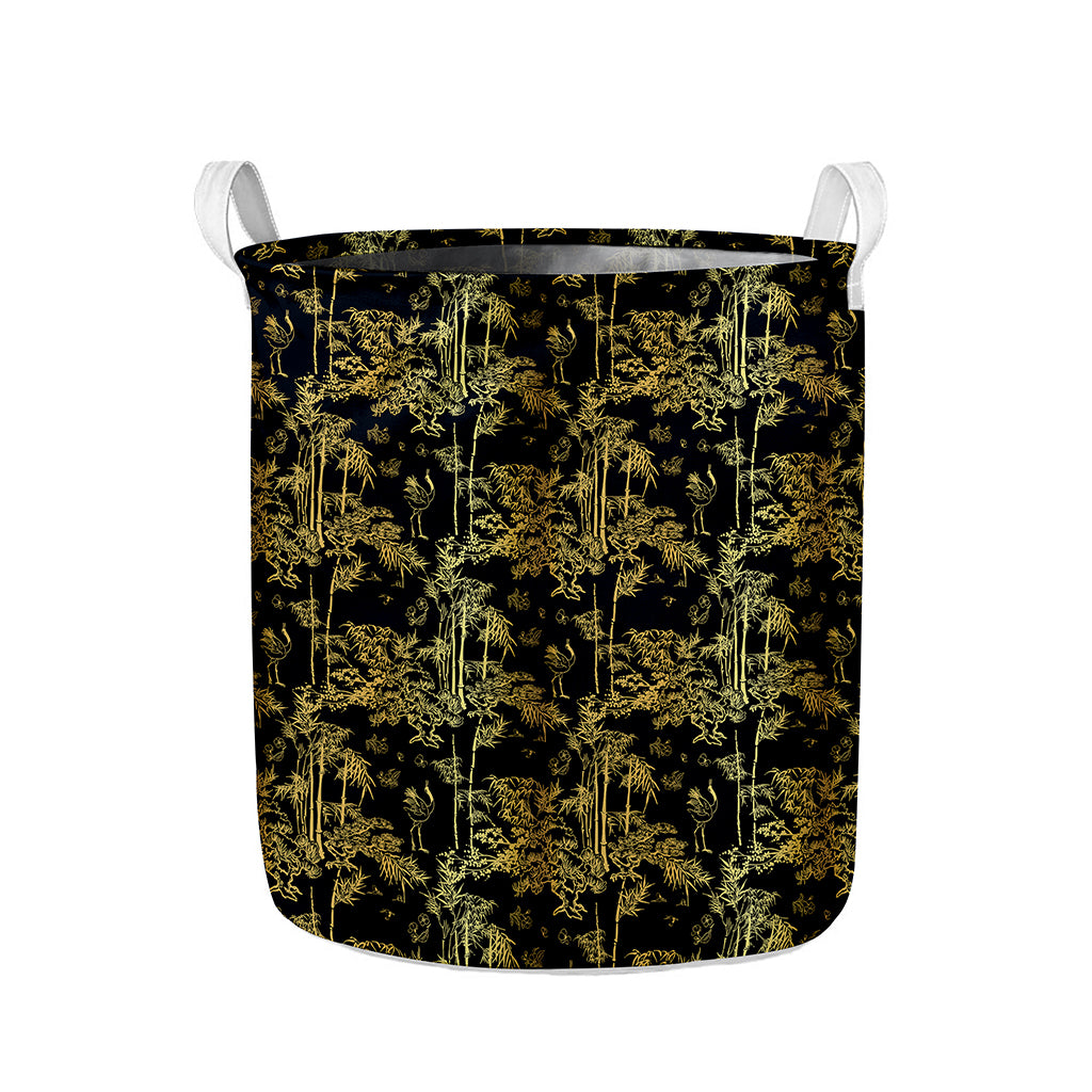 Gold And Black Japanese Bamboo Print Collapsible Laundry Basket