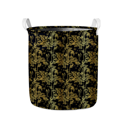 Gold And Black Japanese Bamboo Print Collapsible Laundry Basket