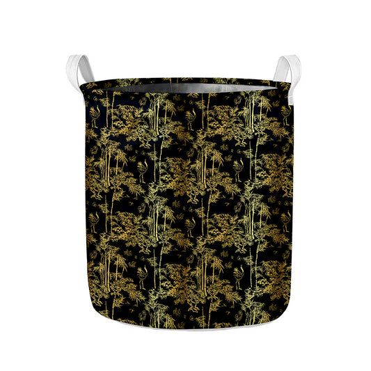 Gold And Black Japanese Bamboo Print Collapsible Laundry Basket