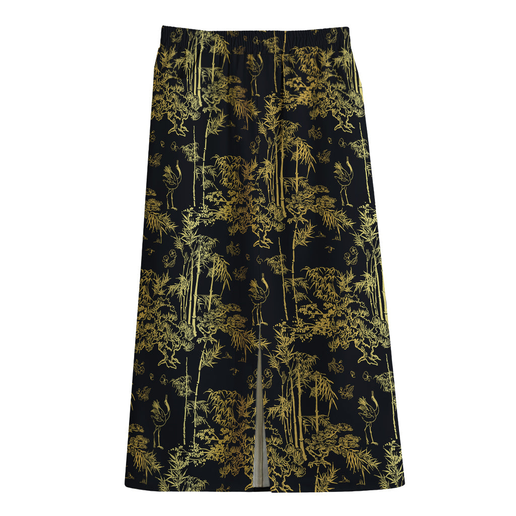 Gold And Black Japanese Bamboo Print Cotton Front Slit Maxi Skirt