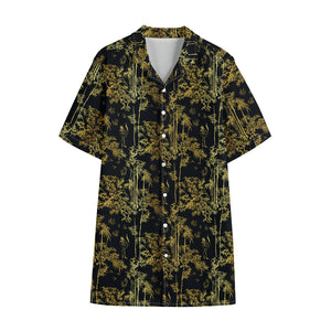 Gold And Black Japanese Bamboo Print Cotton Hawaiian Shirt