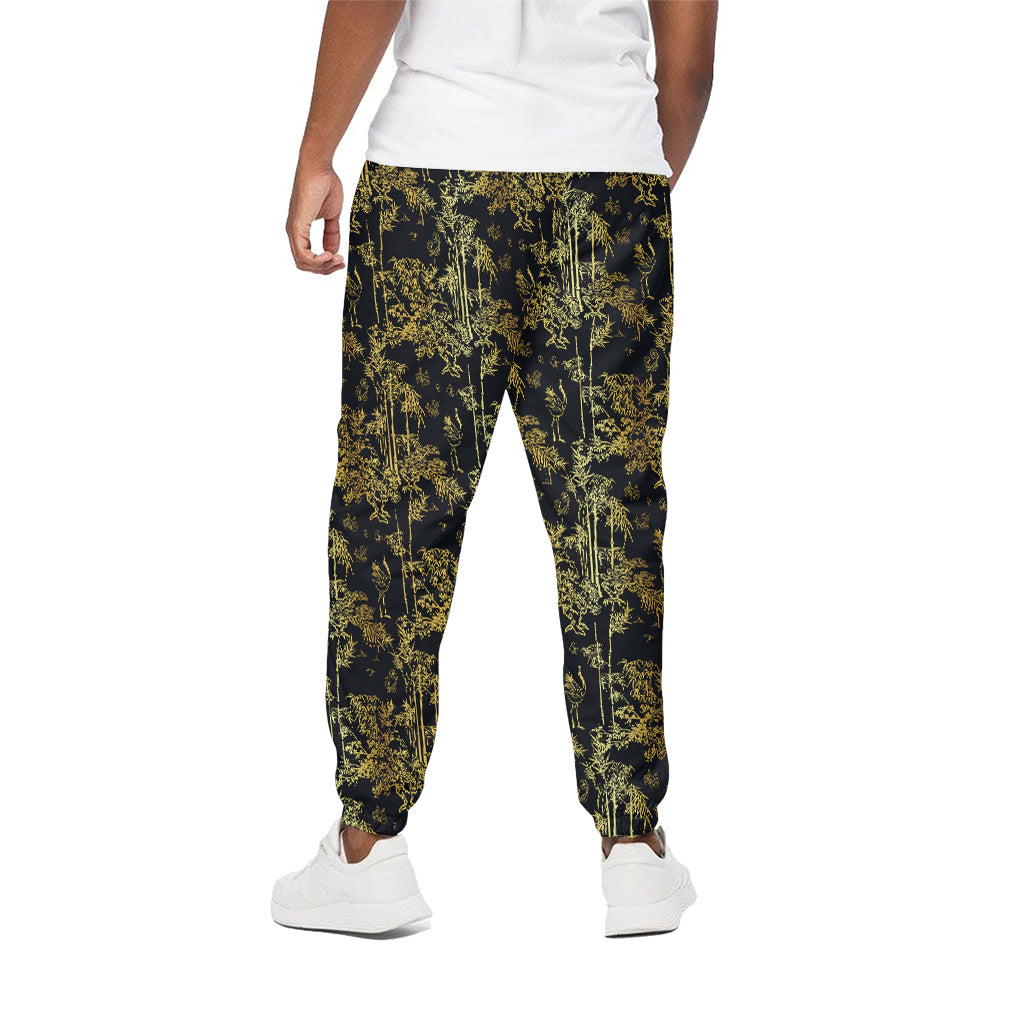 Gold And Black Japanese Bamboo Print Cotton Pants