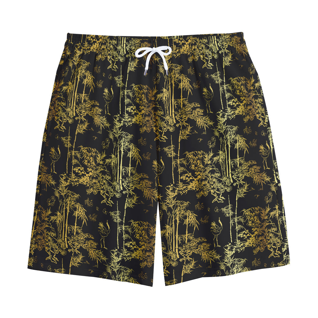 Gold And Black Japanese Bamboo Print Cotton Shorts